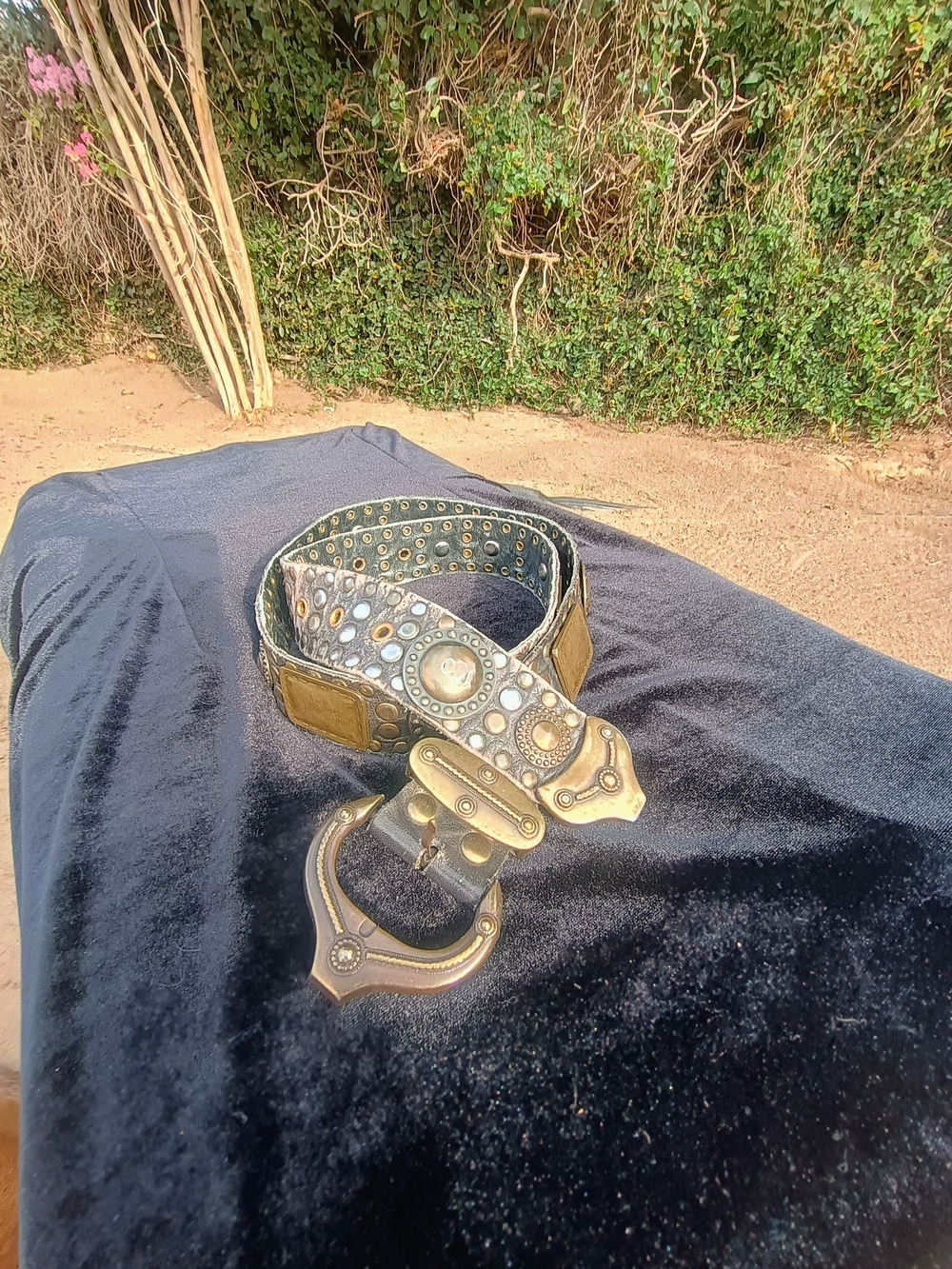 Studded Brass Accent Leather Belt - Black with Brass Hardware